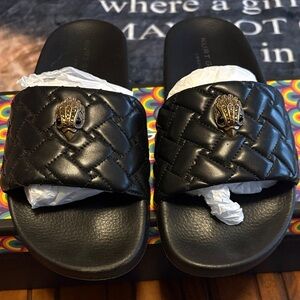 Kurt Geiger Black Quilted Slide Sandals with Gold Crown Accent
